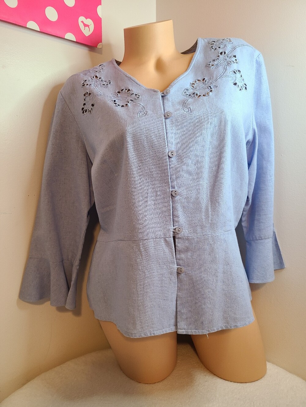 Vintage Notations Linen Embroidered Cut-out Button Down Blouse Size Lg
